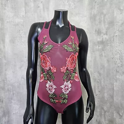 Cotton Candy Couture Maroon Mesh Bodysuit Floral Embroidered Applique   • £20.05