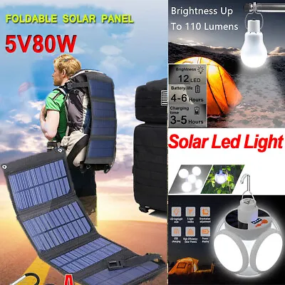 80W USB Solar Panel Kit Folding Power Bank Camping Phone Charger W/Solar Bulb US • $13.79