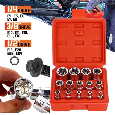 14Piece Female Torx Socket Set E Star External Bit Kit 1/2 3/8 1/4  Drive E4-E24 • $14.49