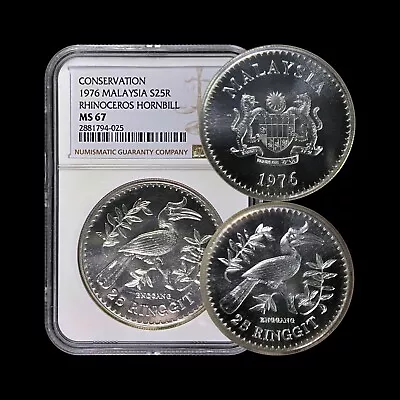 MALAYSIA. 1976 25 Ringgit Silver - NGC MS67 - Conservation Rhinoceros Hornbill • $212.49