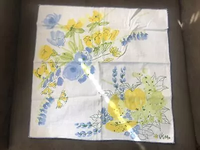 Vintage Vera Neumann Cotton Napkins White Blue Yellow Fruit Flowers Set Of 2 • $24.99