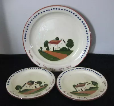 3 Vintage Royal Watcombe Torquay Pottery Mottoware Plates Redware Devon England • $18.88