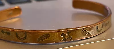 Vintage Small Southwestern Spirit Sun Feather Moon Stamped Copper Cuff Bracelet • $39.99