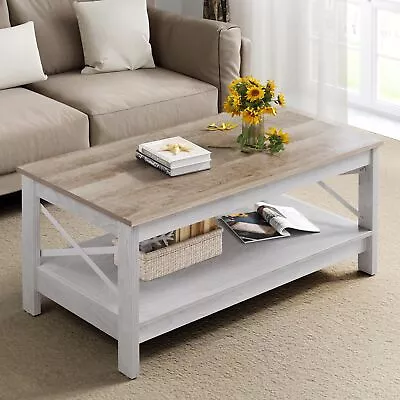 Farmhouse Coffee Table With Storage 2 Tier Center Cocktail Table Living Room • $72.99