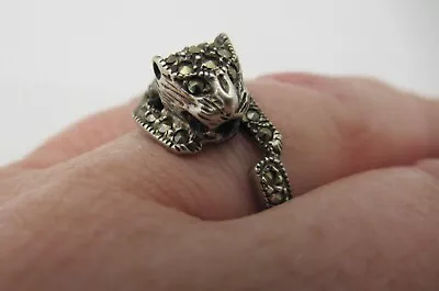 Elegant 925 Sterling Silver  Marcasite Panther Big Cat Ring Size 8 Unique • $33.99