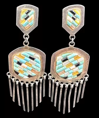 Vtg Sterling Silver Fringed Dangle Earrings Turquoise Mother Of Pearl Onyx Inlay • $85