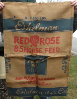 Vintage ESHELMAN RED ROSE HORSE FEED Burlap Bag - MINT CONDITION ! • $65