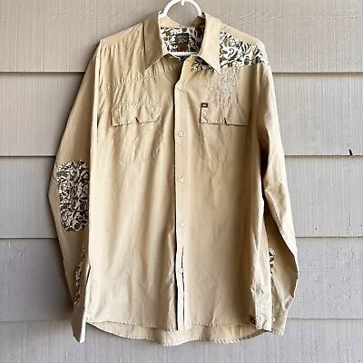 Quiksilver Men's Embroidered  Skull Tan Paisley Accent Shirt Long Sleeves Sz: XL • $18