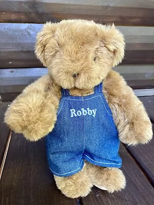 Vermont Teddy Bear Co. Plush Blue Jean Overalls Robby Stuffed Animal 11” • $18