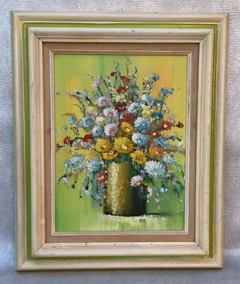Vintage Oil Painting Vase With Assorted Flowers Mid Century Country Yellow Green • $55