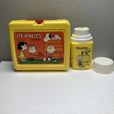 Vintage Peanuts Plastic Lunch Box With Thermos 1965 Snoopy Yellow Charlie Brown • $30