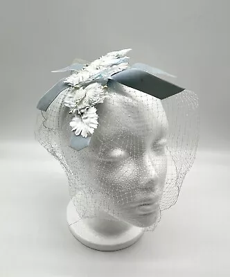 Vintage Pale Baby Blue Flower Bouquet Fascinator Bow Lace Netting - Beautiful! • $59