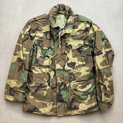 US Army Cold Weather Field Jacket M65 Woodland Camo Men Large Long Coat VTG • $54.99