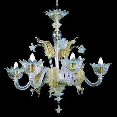 Muranese Chandelier In Murano Glass 6 Lights Crystal Light Blue And Gold • $790