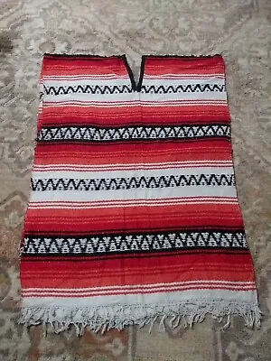 Vintage Mexican Poncho Large To XL Orange Red White Serape Blanket Fringe Ethnic • $24.80