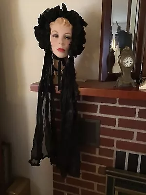 Beautiful Antique Ruffled And Long Black Mourning Bonnet Hat • $275