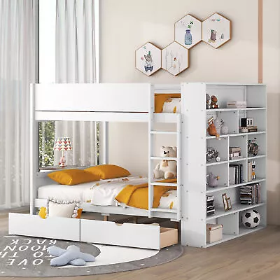 Modern Wooden Full Over Full Bunk Bed Frame With 2 Drawers And Cabinet White • $742.99