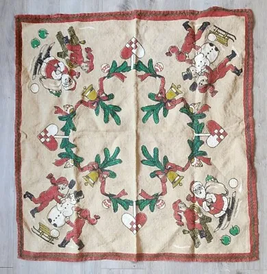 Vtg Painted Stitched Tablecloth 34” Burlap Jute Christmas Santa Kids Hearts Bell • $19.99