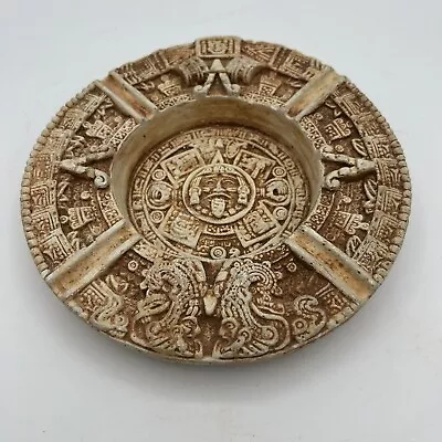 Aztec Calendar Ceramic Carved Replica Cancun Mexican Decor Tan Stone Ashtray LNC • $29.95