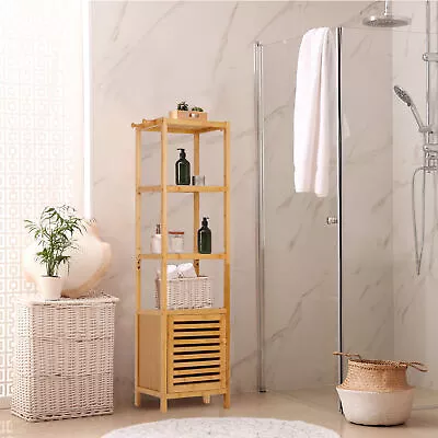 Freestanding Bamboo Storage Tall Slim Cabinet With Shutter Door 3 Tier Shelves • £52.99