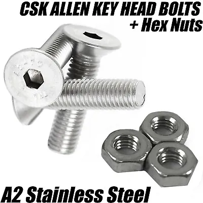 M3 A2 STAINLESS STEEL COUNTERSUNK SCREWS ALLEN KEY SOCKET BOLTS W/ Full Hex Nuts • £3.07