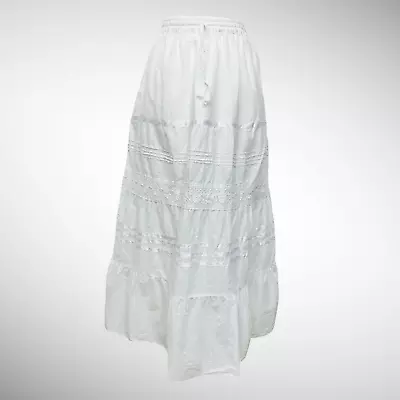 White Cotton Maxi Skirt Summer Boho Pom Pom Lined One Size 10 12 14 16 18 20 • £13.99