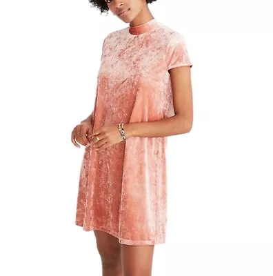 Women’s Madewell Mini Shift Dress Salmon Pink Crushed Velvet Keyhole Bow Size M • $18