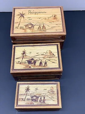Vintage Set Of 3 Philippines Burnished Rattan Bamboo Nesting Trinket Boxes • $19.99