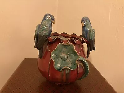 Vintage Majolica Pottery Barbotine Parrot Bird Vase Pot~8.5  Tall X 7  Wide • $50