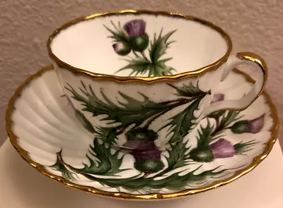 Adderley  Thistle  TEA CUP & SAUCER Bone China England Swirled Gold Trim Vintage • $17.49