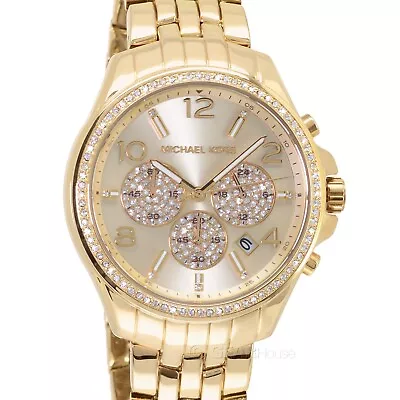 Michael Kors Pilot Womens Pave Glitz Chronograph Watch Gold Dial Stainless Steel • $128.18