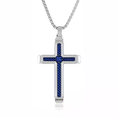 0.02 Carat Blue Diamond Cross Pendant Necklace For Men In Stainless Steel Wit... • $72.21