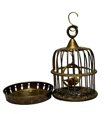 Vintage Brass Dome Hanging Bird Cage  With Bird On Perch With Tray 5  • $39.88