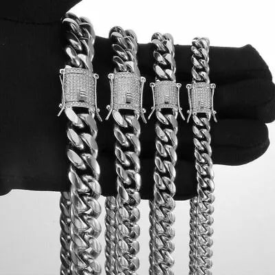 White Gold Plated Stainless Steel Miami Cuban Link Chain With CZ Clasp 8MM-14MM • $26.03