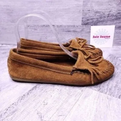 Minnetonka Kilty Suede Fringe Slip On Moccasin Loafer Brown Women's Sz 8 • $32