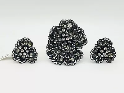 New/old Stock Signed Ciner Black & Clear Rhinestone Flower Pin & Earrings W/tags • $269.99