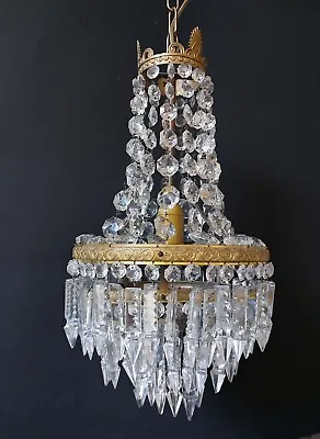 Antique Vintage Brass & Crystals French Empire Chandelier Ceiling Lamp Light • $265