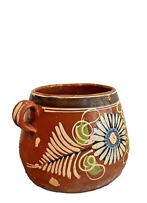 Vintage Mexico Pottery Planter Hand Painted Pot Drainage Holes Earthenware • $24