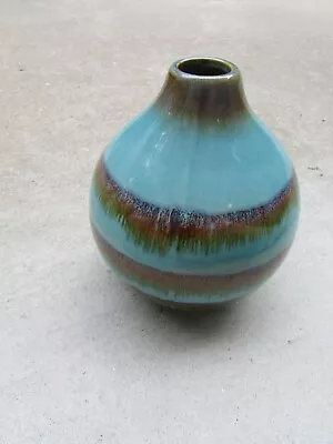 Turquoise Aqua Blue Brown Drip Glazed Pottery Ceramic Mid Century Modern Vase • $25.79