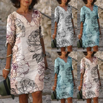 $32.38 • Buy Casual Dresses For Teens Women Casual Retro Flower Print V Neck Cotton Linen Mid
