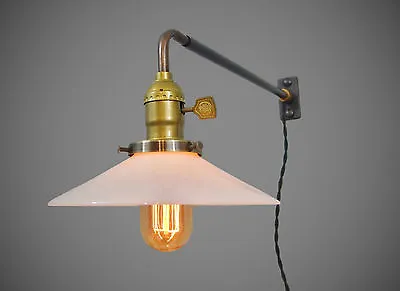 Vintage Industrial Wall Mount Light - OPAL SHADE - Machine Age Milk Glass Lamp • $154.95