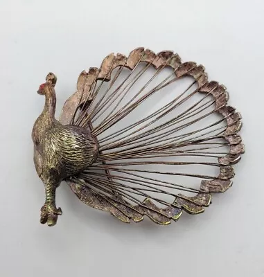 Vintage Peacock Brooch Silver Tone Wire Body Pin 2.125x2  • $18