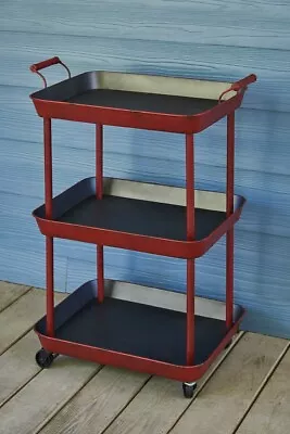 Primitive Distressed Red 3-tier Rolling Utility Bar Serving Cart By Park Design • $189.95