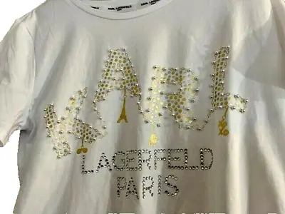 Karl Lagerfeld T-Shirt Women's 🎁❤️ Gemstones White Gold Pearl Sz.M  OR Sz.S NWT • $27.99