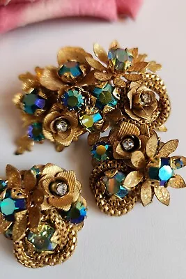 Vintage Miriam Haskell Style Gilded Gold And Rhinestones Brooch And Earrings Set • £71.53