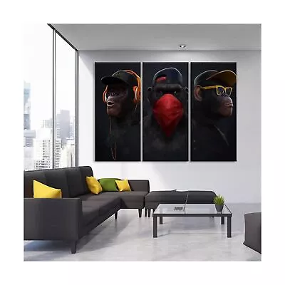 3 Piece Framed Canvas Multi Panel Art - Three Wise Monkeys Modern Wall Decor ... • $199.98