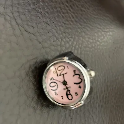 WATCH RING Finger Stretch Band Chrome Time Piece Jewelry Round Pink Face Works ! • $6.95