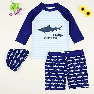 Baby Shark Swimsuit Boys Toddlers 2 Piece T-Shirt Shorts Surf Suit +Swimming Cap • £10.99