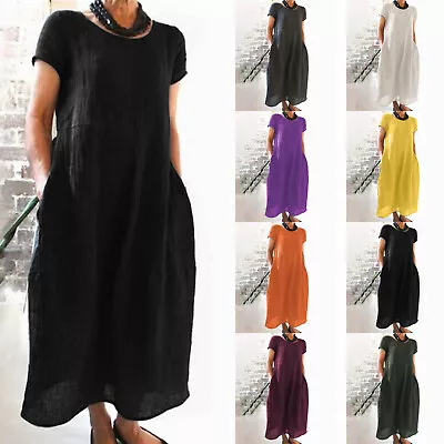 $29.99 • Buy Women's Summer Plus Size O-neck Short-sleeve Loose  Pocket Cotton Linen Dresses