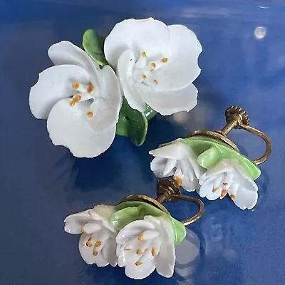 Vintage England Denton China Apple Blossom Flower Clip On Earrings & Brooch P34 • $17.99